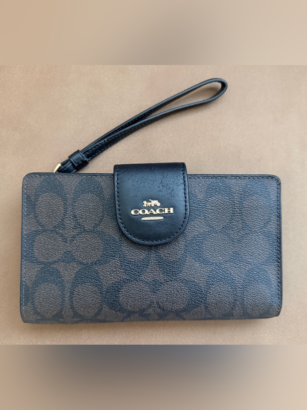 Coach Black Signature Wristlet Phone Wallet with Gold Logo